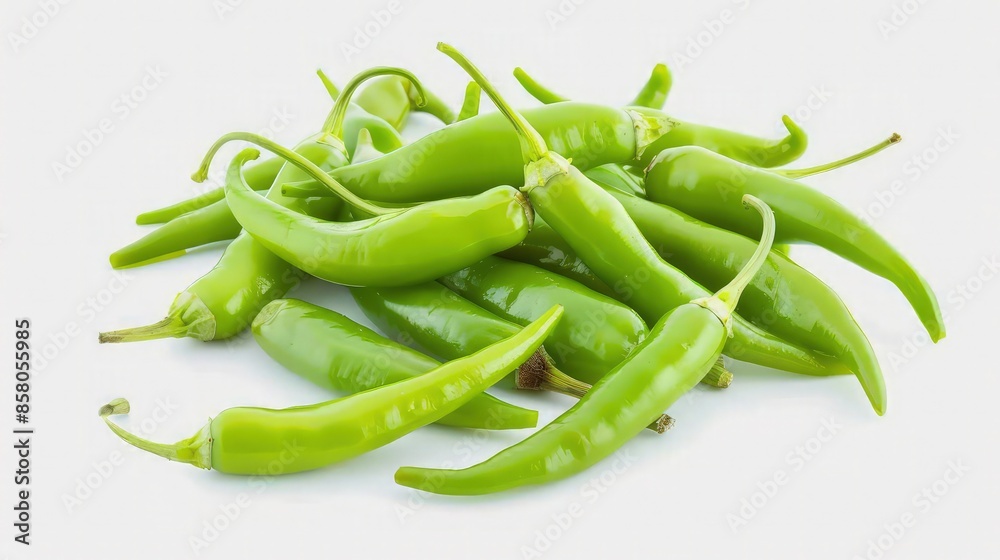 A scattering of fresh green chilies on a white transparent background, focusing on their bright green color and smooth, shiny texture, indicating their spicy flavor. A scattering of fresh green chilies on a white transparent background, focusing on their bright green color and smooth, shiny texture, indicating their spicy flavor.