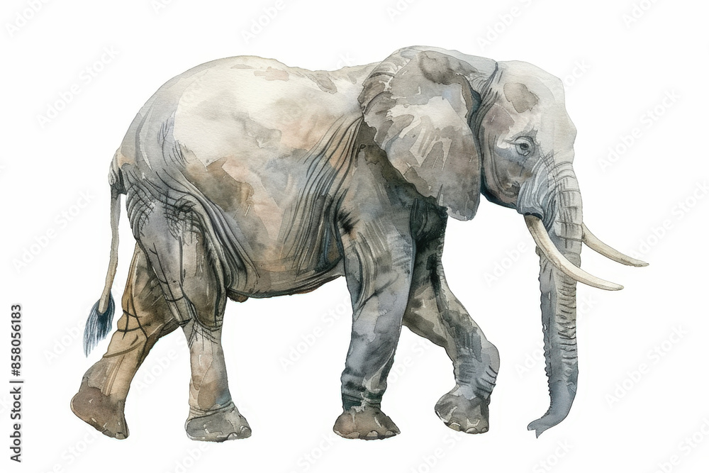 Fototapeta premium African elephant walking gracefully in watercolor on white background, detailed trunk and tusks, creating tranquil wonder for nature lovers