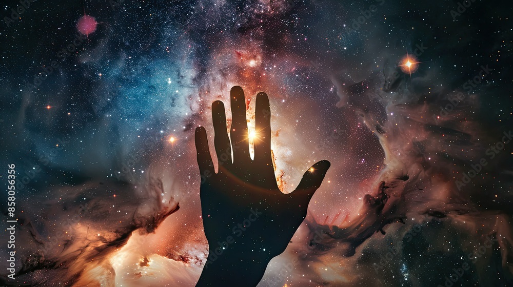 Inspiring hand silhouette against a galaxy backdrop Inspiring hand silhouette against a galaxy backdrop