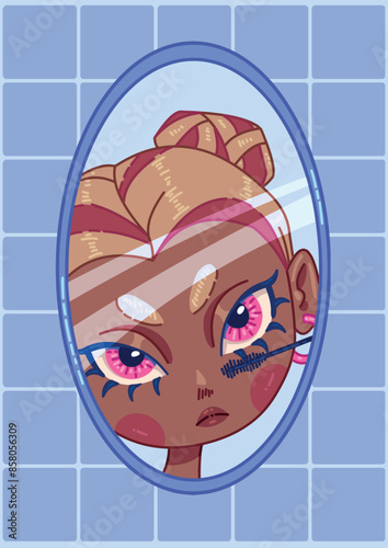 Girl looking in the mirror, applying mascara. Vector cartoon stylized illustration of a young woman doing her make up. Makeup artist applying cosmetics 