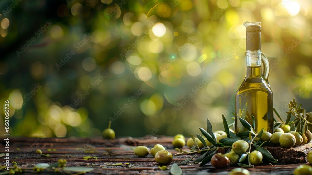 green olives, olive oil bottle on wooden table for mediterranean diet concept background with room for text green olives, olive oil bottle on wooden table for mediterranean diet concept background with room for text