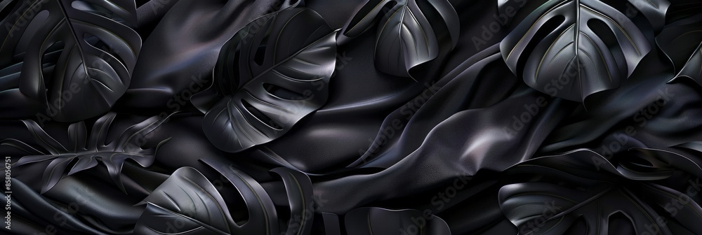 Obraz premium With silk textures, tropical black leaves showcase a luxurious appearance, their deep hues and smooth surfaces creating a striking contrast against vibrant greenery in tropical landscapes, banner