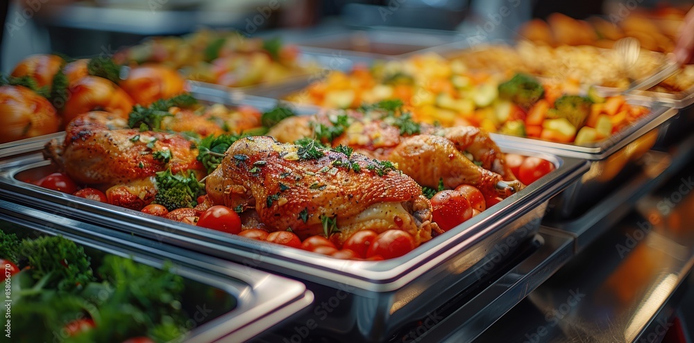 Indoor Catering Buffet: Group of People Enjoying Grilled Meat in Restaurant. Buffet Service for Festive Events, Parties, or Wedding Receptions. Indoor Catering Buffet: Group of People Enjoying Grilled Meat in Restaurant. Buffet Service for Festive Events, Parties, or Wedding Receptions.