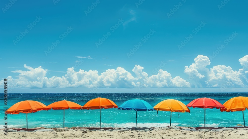 Row of tropical beach umbrellas contrasting beautifully with the deep sea hues Row of tropical beach umbrellas contrasting beautifully with the deep sea hues