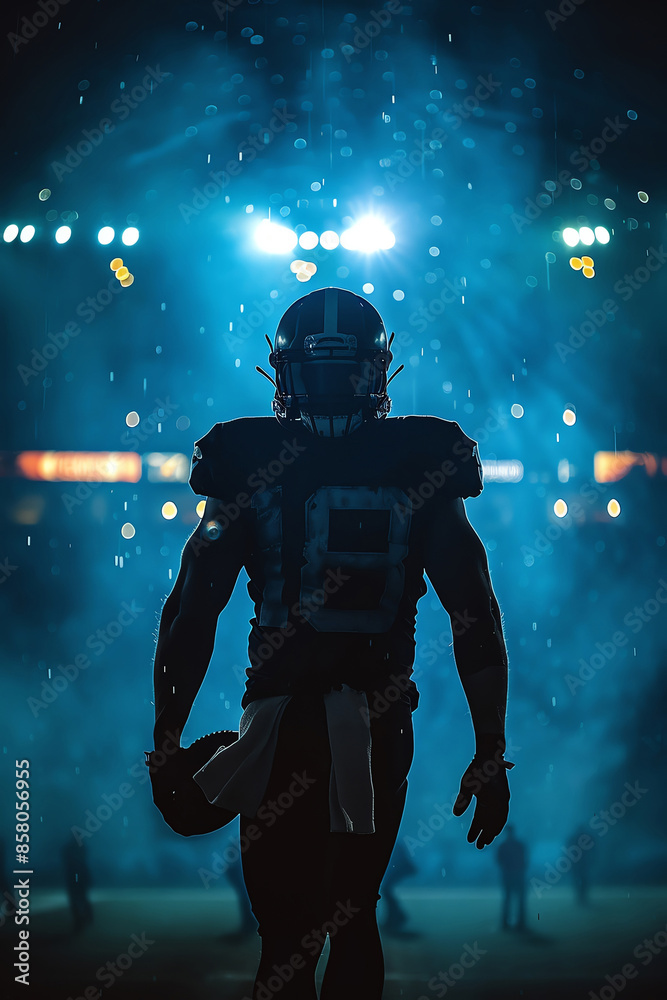 Naklejka premium A powerful silhouette of an American football player against bright stadium lights, evoking focus and determination