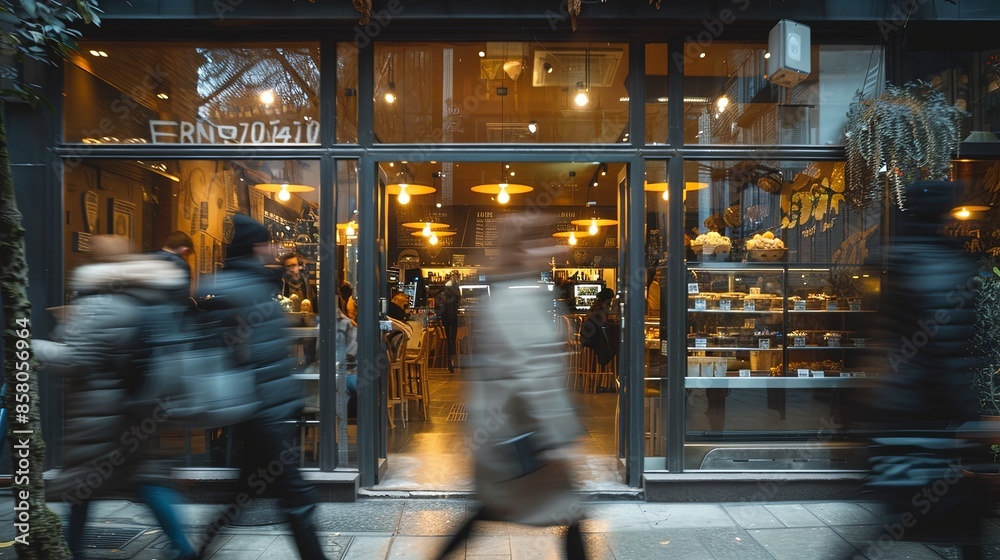 A comfortable and welcoming coffee shop is visible through broad windows, inviting customers with warm lights and a cozy ambiance while busy street life continues outside. A comfortable and welcoming coffee shop is visible through broad windows, inviting customers with warm lights and a cozy ambiance while busy street life continues outside.