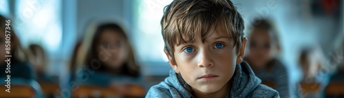 A young boy sits alone looking sad while other children are in the background at school photo