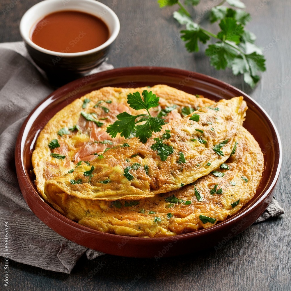 Indian spiced food egg masala omelet with red sauce Indian spiced food egg masala omelet with red sauce