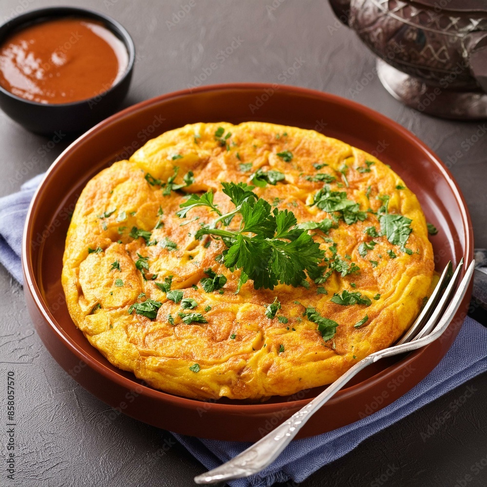 Indian spiced food egg masala omelet with red sauce