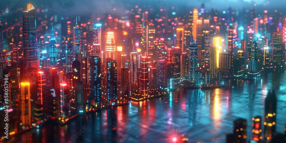 Obraz premium smart city, futuristic, neon lights, night, high-detail, urban, technology, interconnected, cityscape, modern, urban development, sci-fi, infrastructure, city, night lights, futuristic city, urban tec