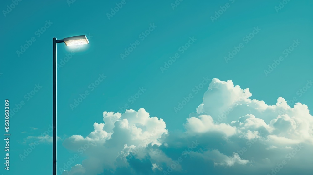 Space for text on the left with blue sky clouds and a spotlight pole Space for text on the left with blue sky clouds and a spotlight pole
