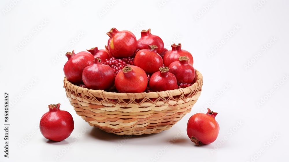 Basket filled with colorful pomegranates set against white background. Basket filled with colorful pomegranates set against white background.