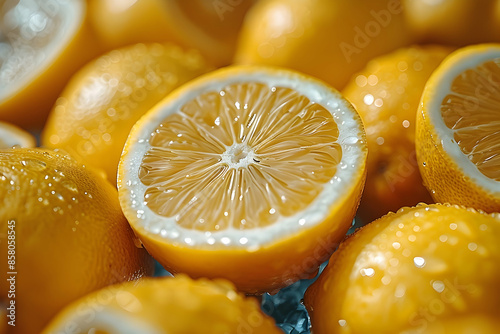 Fresh and juicy lemons with vibrant yellow color, cut in half, showcasing the refreshing citrus fruit in close-up detail, perfect for culinary use.