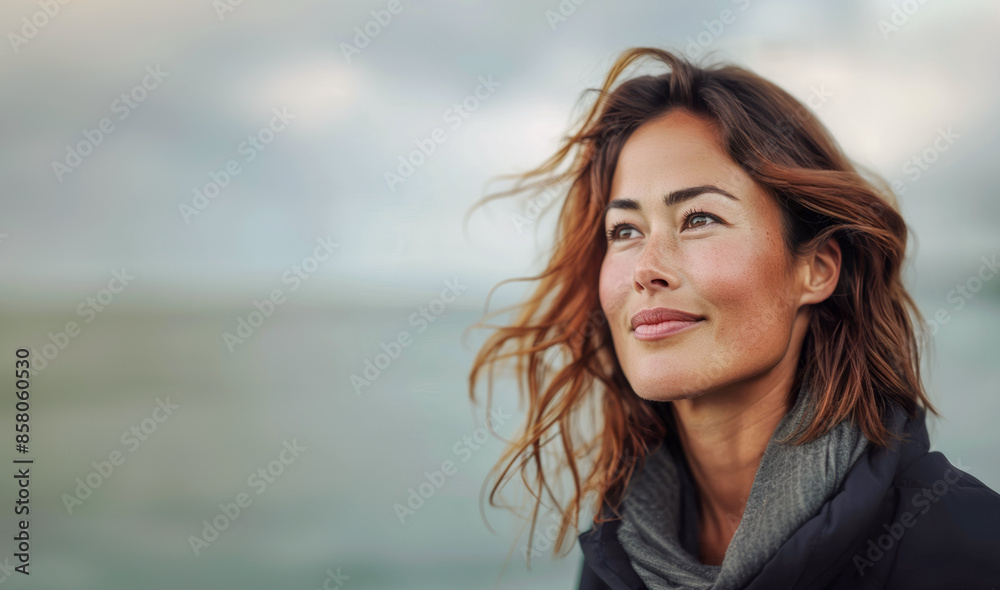 A woman at the seaside looking upward on a windy day. A woman at the seaside looking upward on a windy day.
