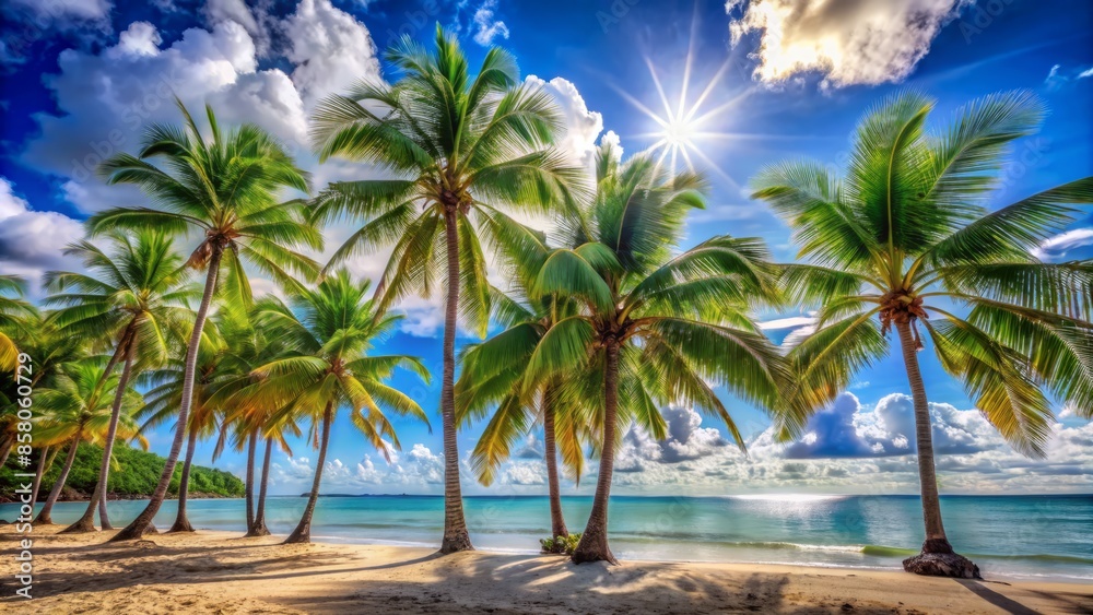 Serenely majestic blue sky with vibrant palm trees stretching upwards, set against a warm tropical beach background, evoking summer's idyllic tranquility. Serenely majestic blue sky with vibrant palm trees stretching upwards, set against a warm tropical beach background, evoking summer's idyllic tranquility.