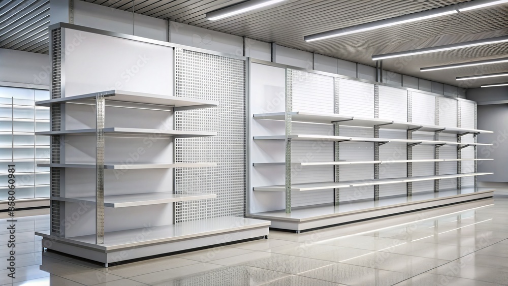 Empty shelves at a modern supermarket with a blank advertisement mockup ...