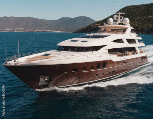 Un elegante yacht di lusso, ormeggiato in un porto esclusivo, con rifiniture di alta classe.
