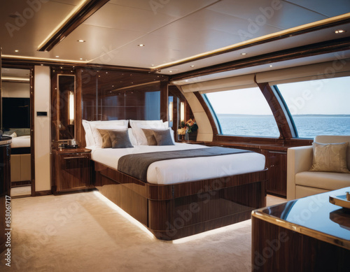 Una cabina padronale con un letto king-size, biancheria di alta qualità, e decorazioni sofisticate in legno scuro e accenti dorati.
