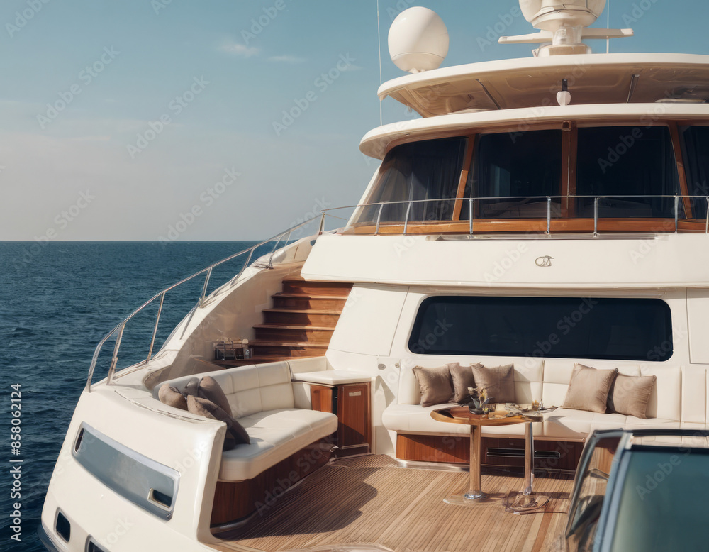 Fototapeta premium Uno yacht di lusso con ponti multipli e un'area relax all'aperto con vista sul mare. 