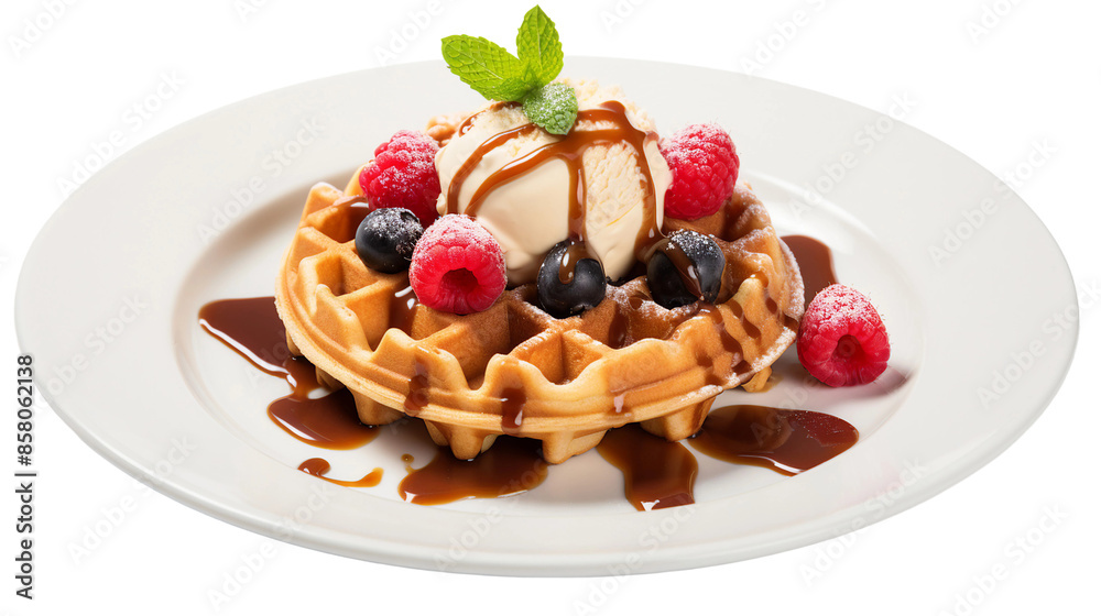Plate of Belgian Waffles with Ice Cream and Caramel Sauce on Transparent Background, Close-up Shot of Delicious Dessert, Perfect for Gourmet Food Concepts Plate of Belgian Waffles with Ice Cream and Caramel Sauce on Transparent Background, Close-up Shot of Delicious Dessert, Perfect for Gourmet Food Concepts