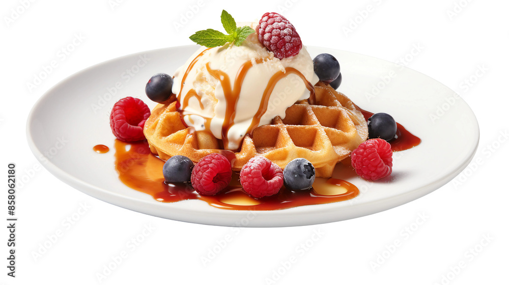 Plate of Belgian Waffles with Ice Cream and Caramel Sauce on Transparent Background, Close-up Shot of Delicious Dessert, Perfect for Gourmet Food Concepts Plate of Belgian Waffles with Ice Cream and Caramel Sauce on Transparent Background, Close-up Shot of Delicious Dessert, Perfect for Gourmet Food Concepts