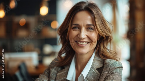 portrait of a smiling confident middle-aged Caucasian business woman in a business suit looking at the camera while in the office