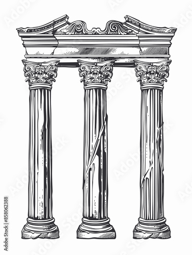 Three pillars are shown in a black and white drawing. The pillars are tall and have a classical design. The drawing gives a sense of grandeur and elegance