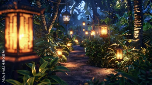 A tropical resort night scene, with softly glowing lanterns illuminating paths through the lush gardens, creating a warm, inviting atmosphere.