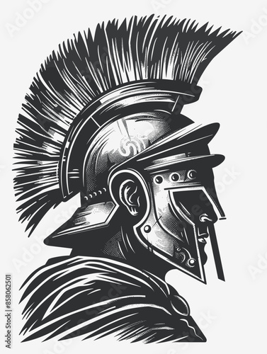A man in a helmet with a sword is depicted in a black and white drawing. The man is wearing a full suit of armor and has a fierce look on his face. Concept of strength and power
