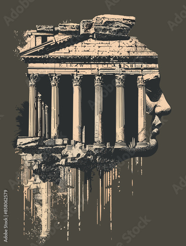 A man's face is shown in front of a building with columns. The image has a sense of depth and perspective, as if the man's face is peering out from behind the building