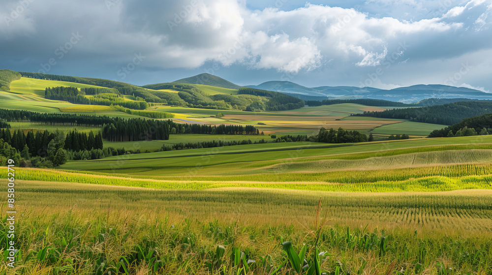 Biei, Hokkaido, has beautiful countryside with large fields of corn during the summer.