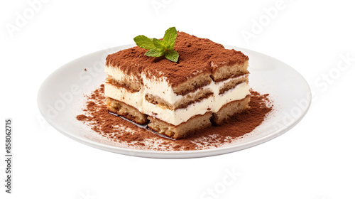 Delicious Italian Tiramisu Cake on White Plate Isolated on Transparent Background, Sweet Dessert with Coffee Flavor, Perfect Gourmet Pastry for Indulgence and Cafe Menus