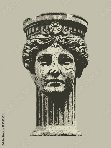 A woman's head is shown in a very old style. The head is very detailed and has a crown on top. The image has a vintage feel to it and seems to be from a time long ago
