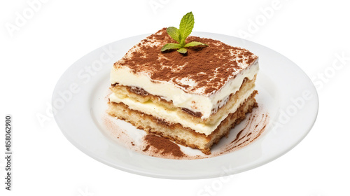 Delicious Italian Tiramisu Cake on White Plate Isolated on Transparent Background, Sweet Dessert with Coffee Flavor, Perfect Gourmet Pastry for Indulgence and Cafe Menus