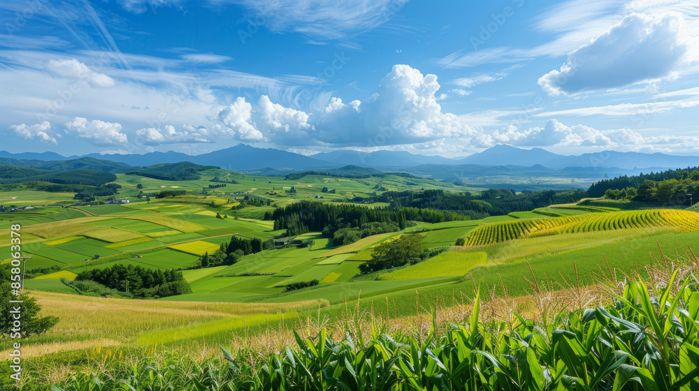 Biei, Hokkaido, has beautiful countryside with large fields of corn during the summer.