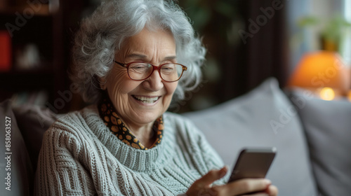 Relaxed mature old 60s woman, older middle aged female customer holding smartphone using mobile app, texting message