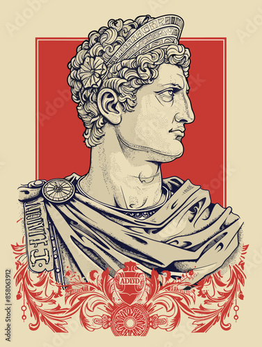 A man with a crown on his head and a red background