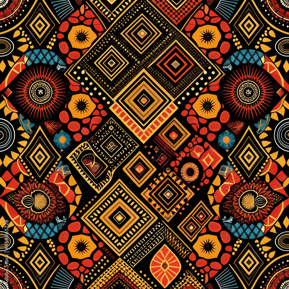 Seamless pattern of colorful shapes with broad brush strokes, featuring vibrant African ornaments. Ideal for textiles, decor, and cultural designs Seamless pattern of colorful shapes with broad brush strokes, featuring vibrant African ornaments. Ideal for textiles, decor, and cultural designs
