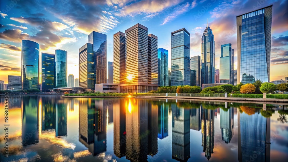 Obraz premium Modern cityscape with sleek glass buildings reflects prosperity, fortune, and entrepreneurship, conveying economic growth, financial success, and strategic market performance in urban landscape.