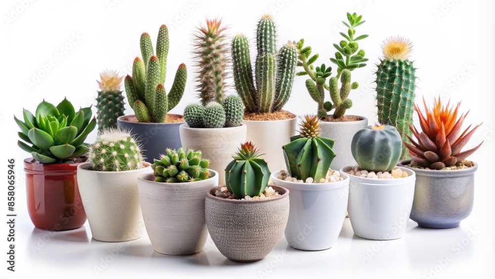 Diverse assortment of small, ornate cacti and succulents arranged artfully in sleek, modern ceramic vases, isolated on transparent background, exuding nordic chic. Diverse assortment of small, ornate cacti and succulents arranged artfully in sleek, modern ceramic vases, isolated on transparent background, exuding nordic chic.