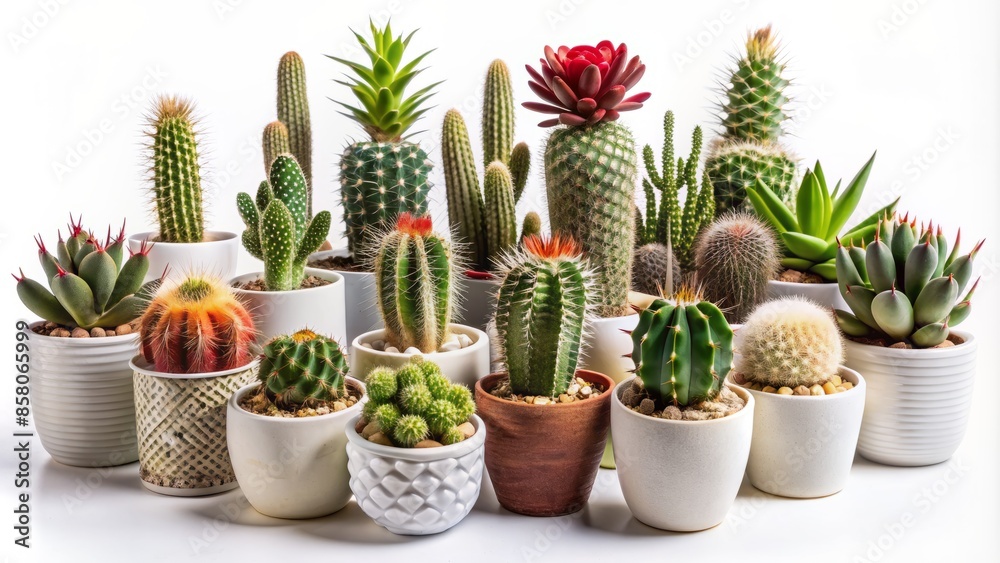 Diverse assortment of small, ornate cacti and succulents arranged artfully in sleek, modern ceramic vases, isolated on transparent background, exuding nordic chic. Diverse assortment of small, ornate cacti and succulents arranged artfully in sleek, modern ceramic vases, isolated on transparent background, exuding nordic chic.