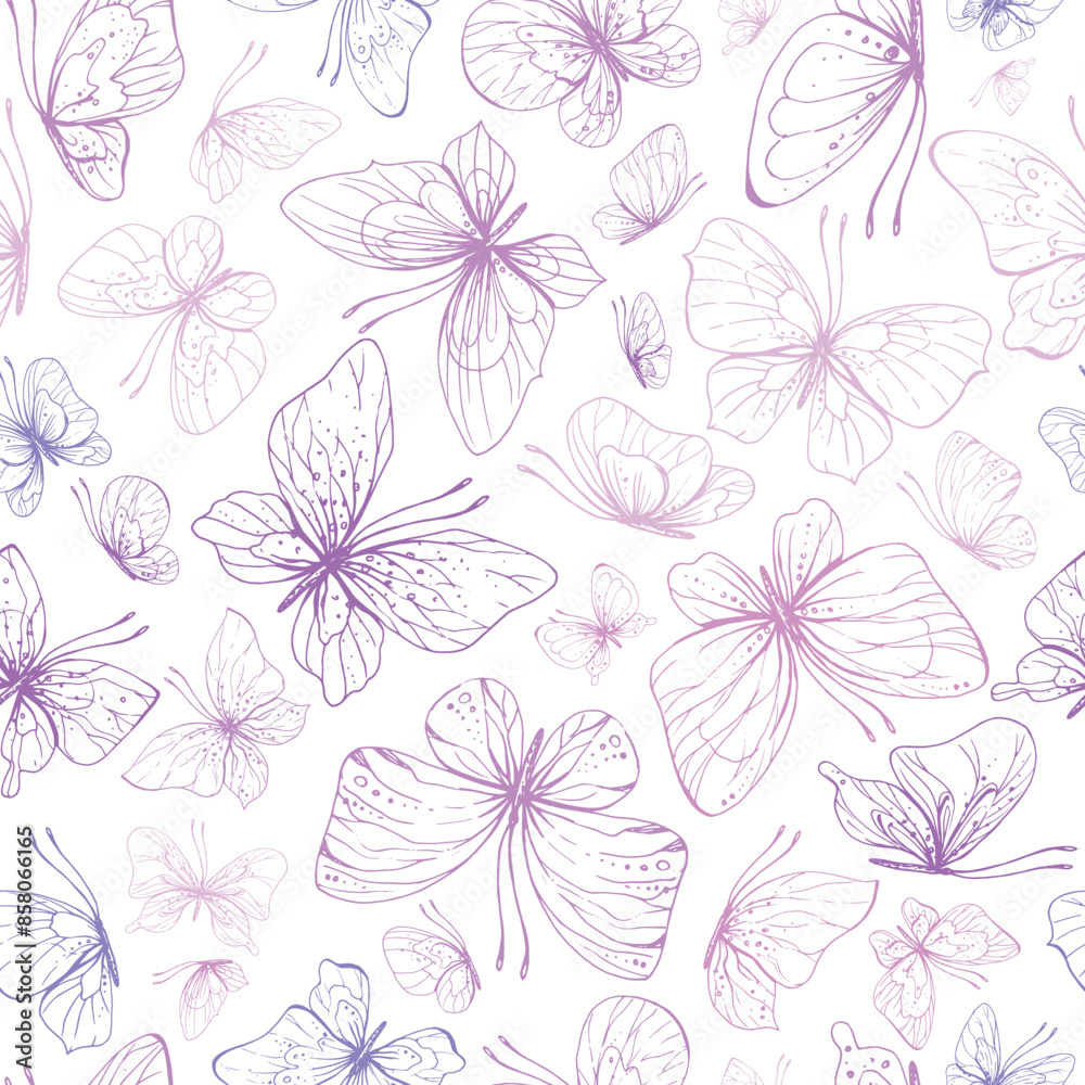 Obraz premium Butterflies are pink, blue, lilac, flying, delicate line art, clip art. Graphic illustration hand drawn in pink, lilac ink. Seamless pattern EPS vector.