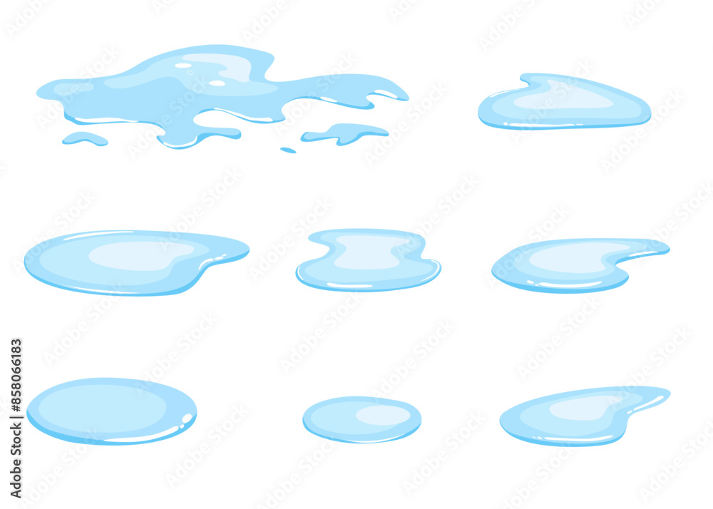 Puddles of water in cartoon style. Elements for designers. Water in flat style. Various shapes