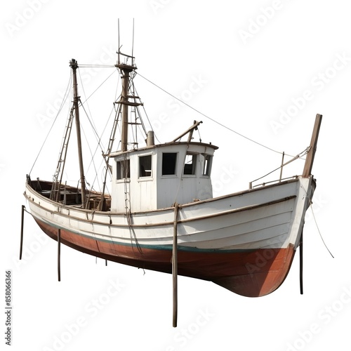 An old, weathered fishing boat with a wooden hull and superstructure photo