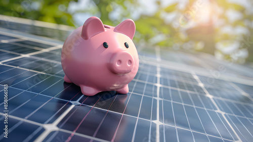 A piggy bank money box on a solar energy panel. Solar energy money saving. Symbolizing savings and investment in renewable energy