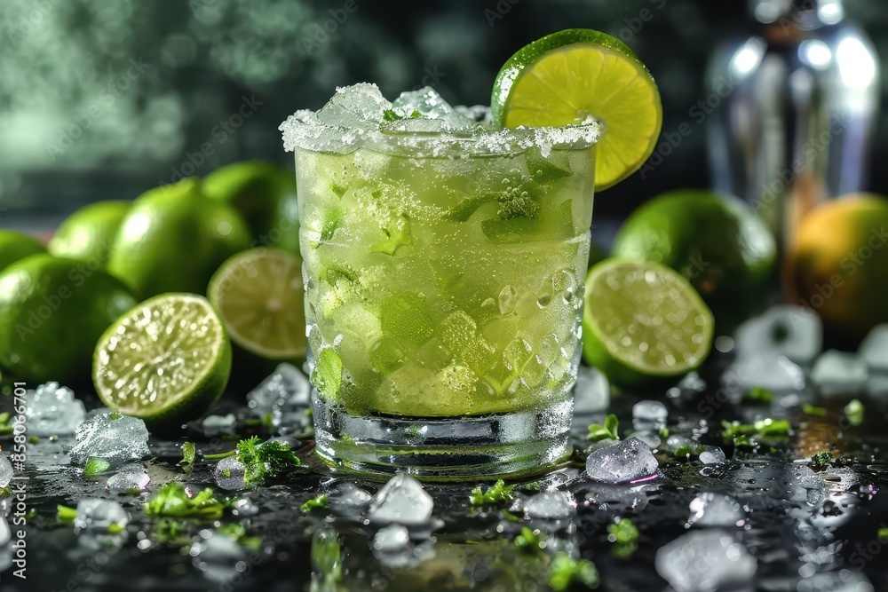 A refreshing caipiroska cocktail in a short glass, with muddled lime wedges, sugar, and vodka, served over crushed ice A refreshing caipiroska cocktail in a short glass, with muddled lime wedges, sugar, and vodka, served over crushed ice