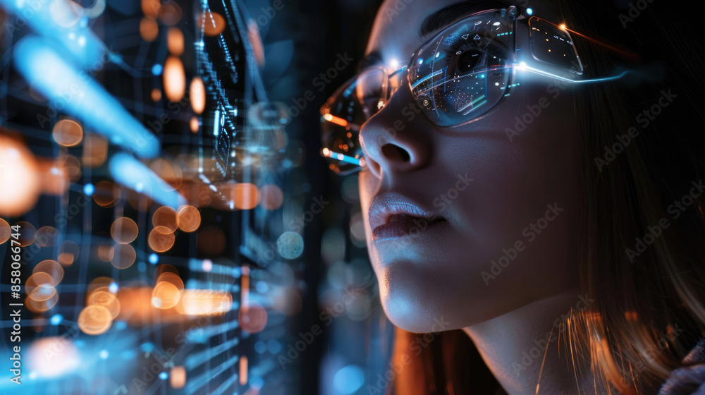 Woman Interacting with Holographic Projection Using Advanced Augmented Reality Woman Interacting with Holographic Projection Using Advanced Augmented Reality