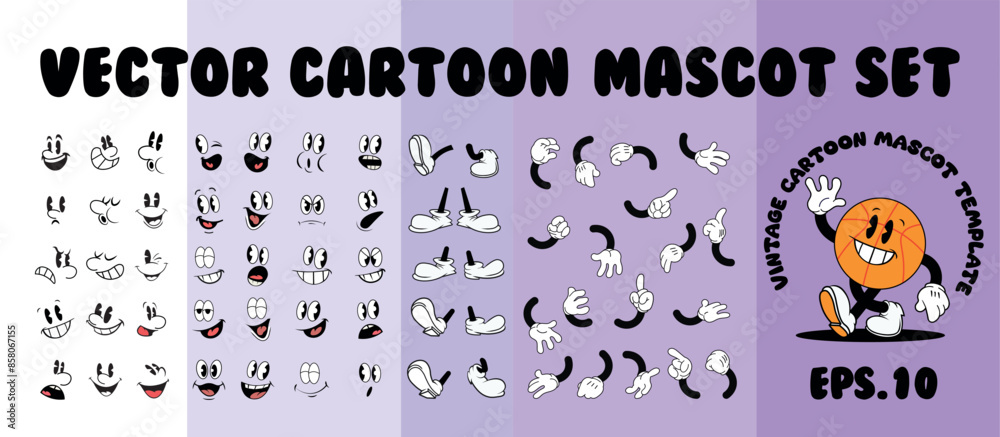 cartoon hands, legs and faces, mascot set: vector 1930's vintage style character parts collection. Cartoon mascot set. cartoon legs set