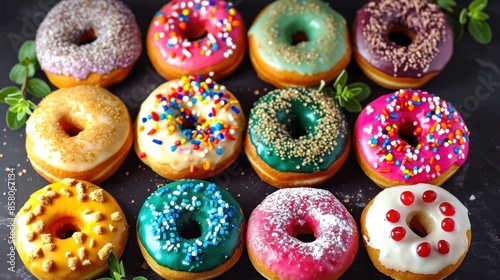 Donuts. Assorted donuts. Colorful donuts with different flavored cream and sprinkles. Various  Colorful glazed donuts. Copy space. Beauty assorted donuts.