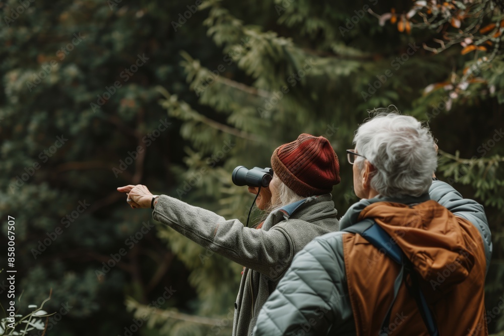 Senior Couple Birdwatching in Lush Forest with Binoculars Senior Couple Birdwatching in Lush Forest with Binoculars